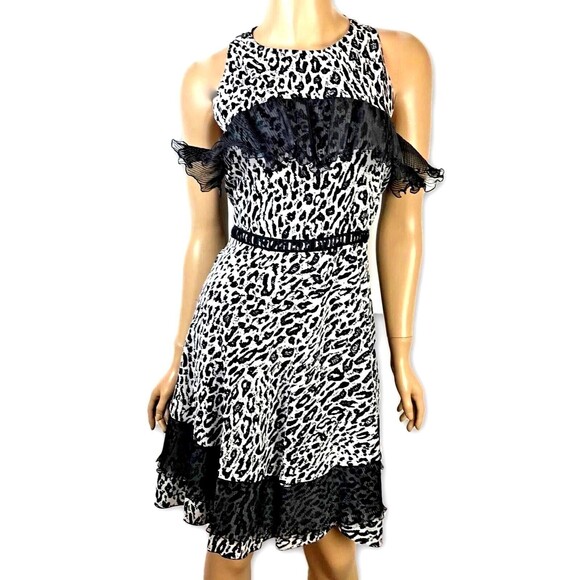 Giamba Black/ Gray Animal Print Dress Sz 10 Black Lace Trim Sleeveless Fit&Flare - Picture 1 of 8
